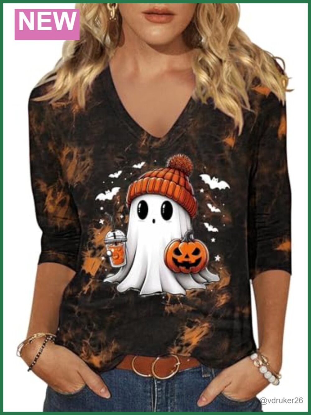 Womens Halloween V Neck 3/4 Sleeve Graphic T-Shirt Casual Fall Tee